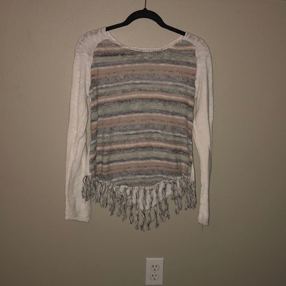 Multi blue fringe long sleeve